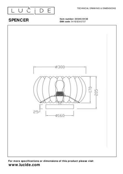Lucide SPENCER - Lampe de table - Ø 30 cm - 1xE27 - Noir - technique